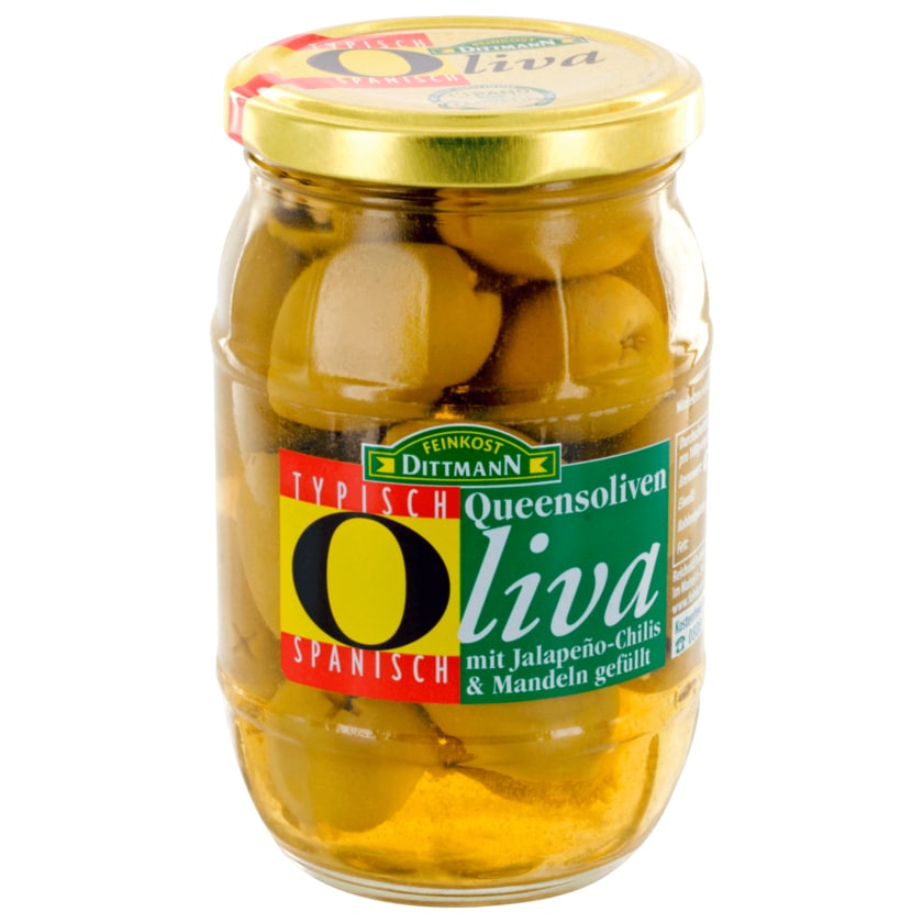 Feinkost Dittmann Oliva Queens-Oliven gefüllt mit Mandeln und Jalapeño-Chilis 185g